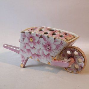 Vintage Ceramic Wheelbarrow Flower Frog, Pink Flowers w Gold Trim, Made in Japan